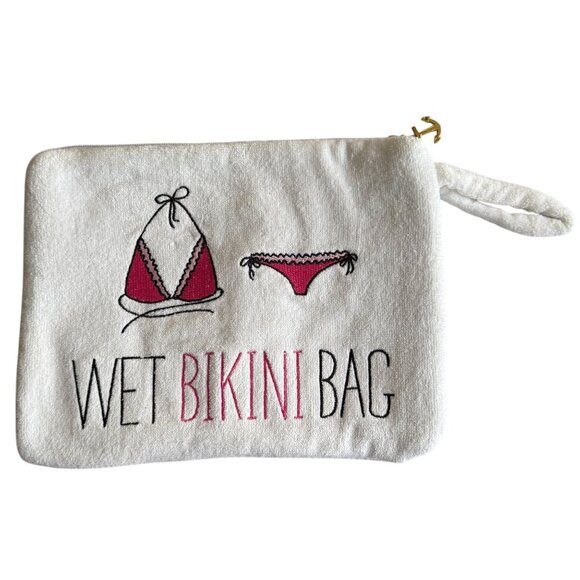 White Terrycloth Wet Bikini Bag With Pink Black Embroidery  Anchor Zipper Pull - Picture 1 of 7